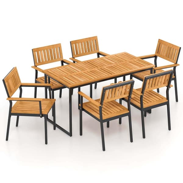 slide 2 of 6, 7 PCS Outdoor Dining Set Wood Rectangular Dining Table & Armchairs Natural+Black