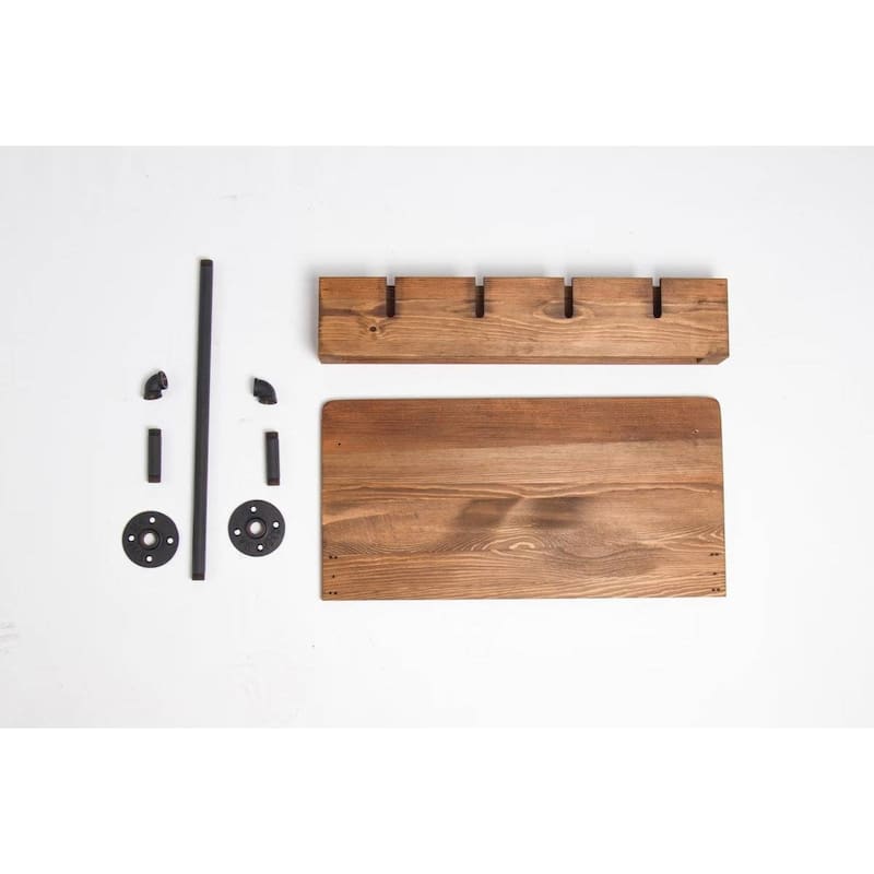 Rustic Brown Solid Wood Metal Wall-Mounted Wine Rack with Bottle and Glass Holder - 5.2'' D x 23.62” W x 11.81” H