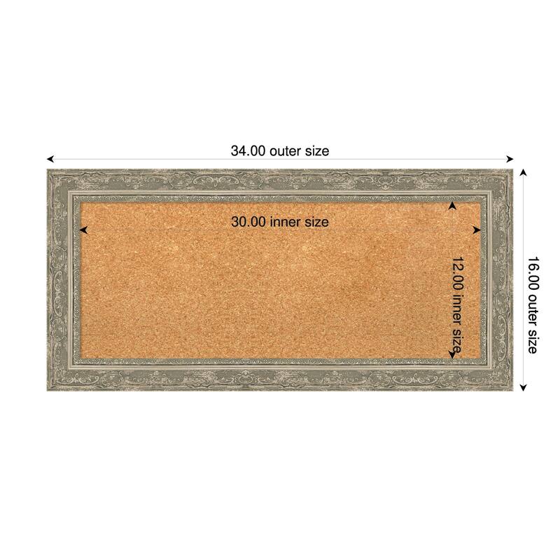 Filigree Silver Framed Cork Board - Bulletin Board, Organization Board, Pin Board - Natural - 34 x 16 in