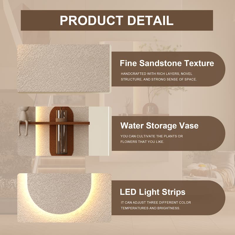 Adjustable 3-Color LED Sandstone Wall Decor with Simulated Plants -3D Art Sculpture,Glass Vase & Rabbit Statue,Remote Control