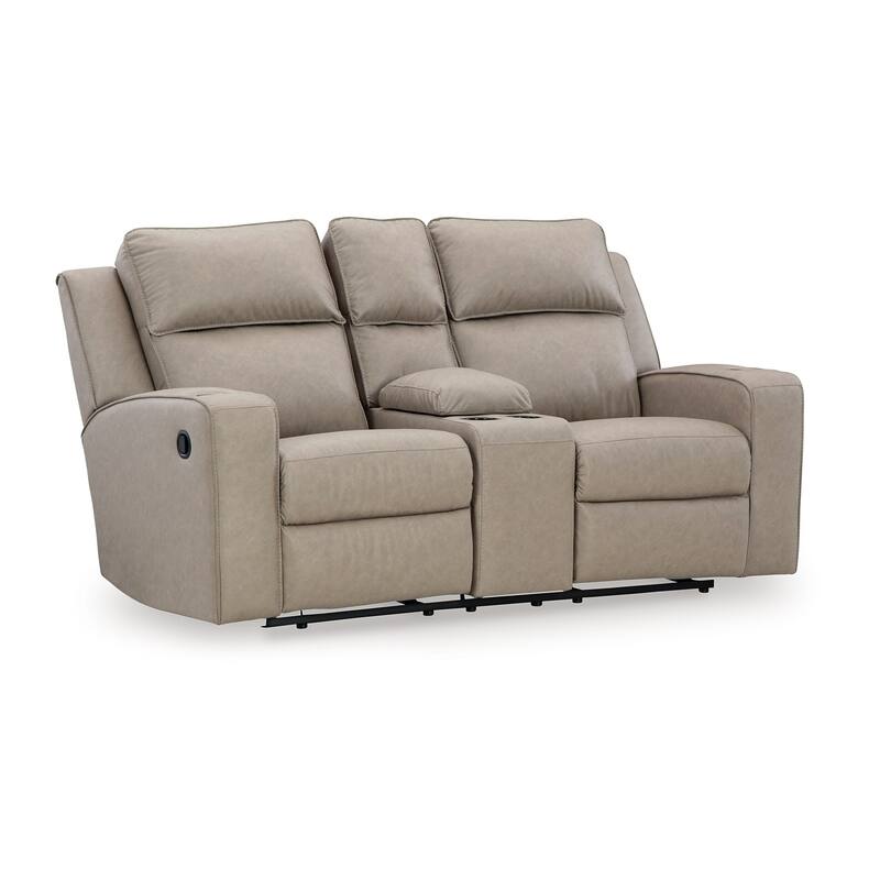 Livie Manual Recliner Loveseat, Console, Beige Gray Faux Leather 77in