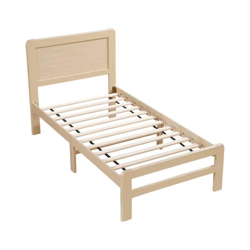 Contemporary Natural Finish Twin Size Wooden Platform Bed Frame with Headboard