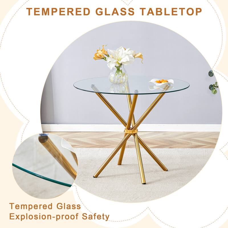 4-Piece Dining Set with 36.6'' Round Tempered Glass Table & Black-Gold Chairs - Modern Luxe Style