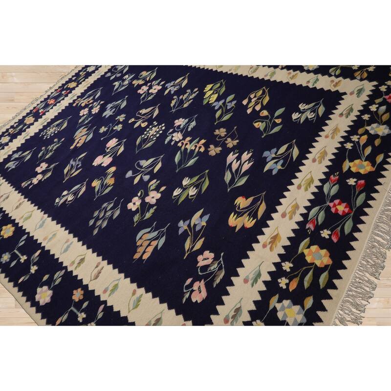 8'5''x10'5'' Hand Woven Wool Navy Kilim Traditional Flatwoven Rug - 8' 5'' x 10' 5''