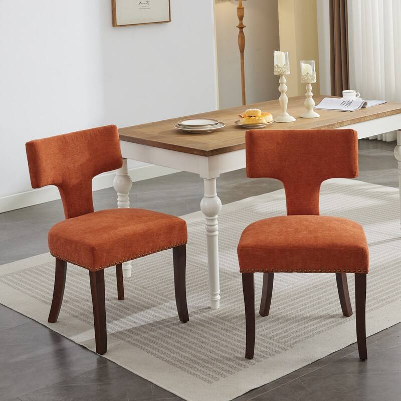 Modern Dining Chairs Set of 2, Linen Fabric Upholstered Accent Chair Curved Backrest with Copper Nails Around