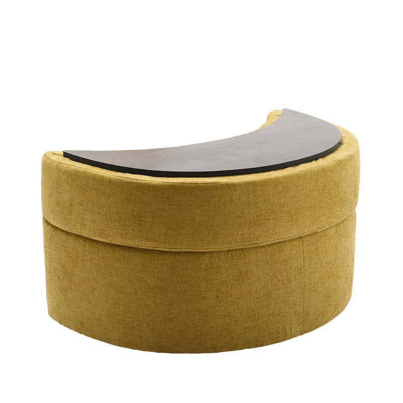 Upholstered Chenille Boucle Half Moon Storage Ottoman with Tray
