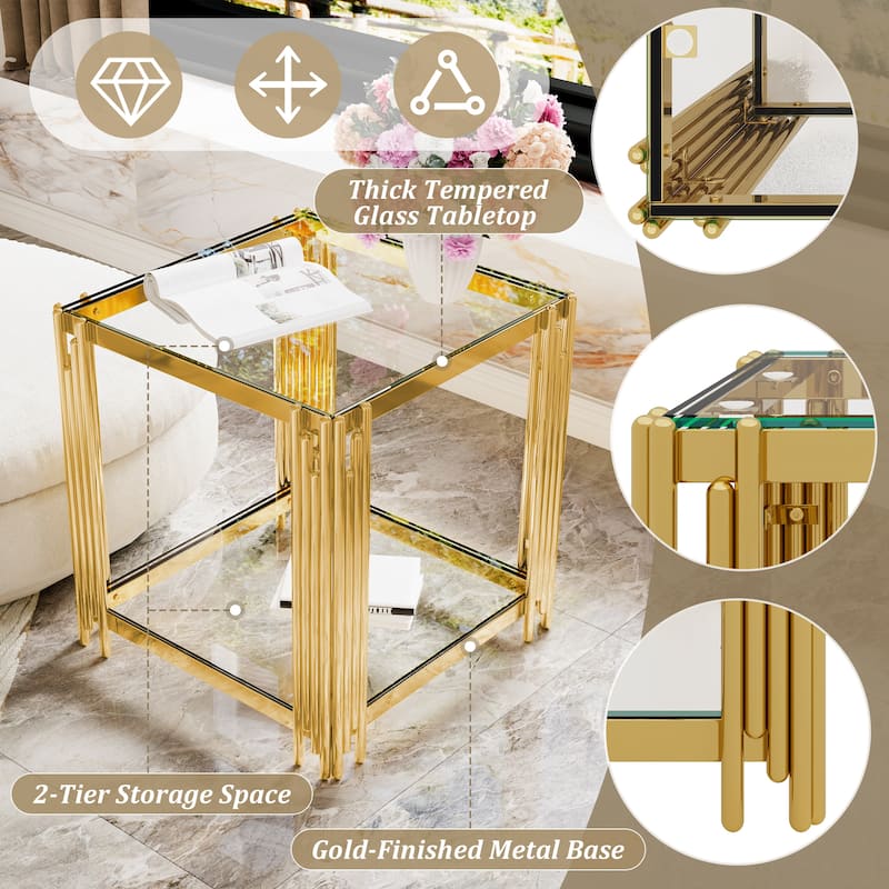 19.9" Modern Transparent Glass End Table for Living Room, Square,Asymmetrical Metal, Gold Finish & Lower Shelf