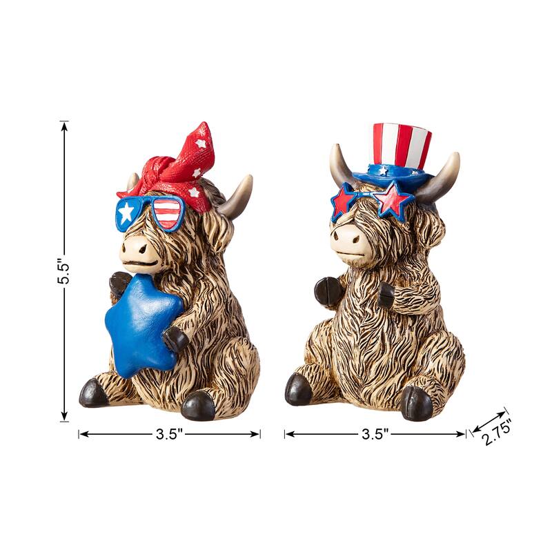 Glitzhome Set of 2 Patriotic July 4th Resin Highland Cows Table Decor