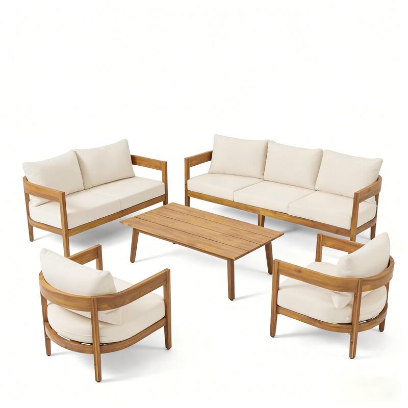 Christopher Knight Home - Brooklyn 5-Piece Outdoor Acacia Wood Patio Conversation Set with Wooden Slatted Coffee Table