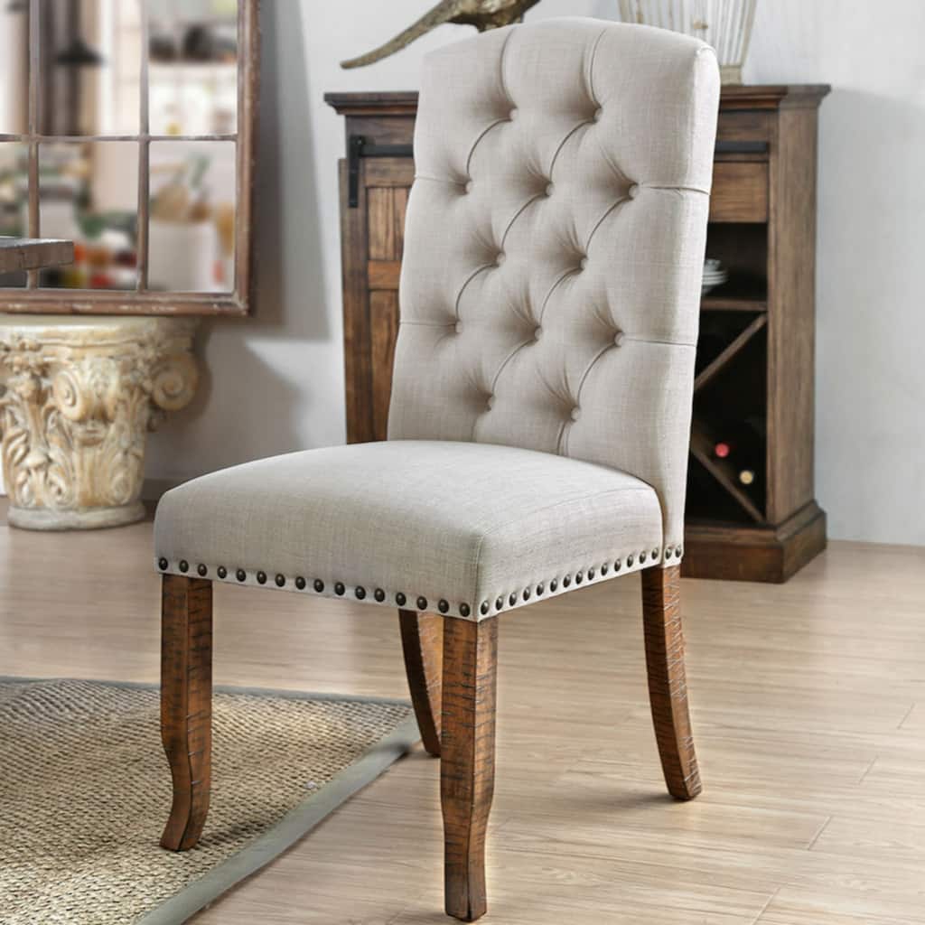 Set of 2 Ivory Fabric Upholstered Dining Chairs in Rustic Oak Finish