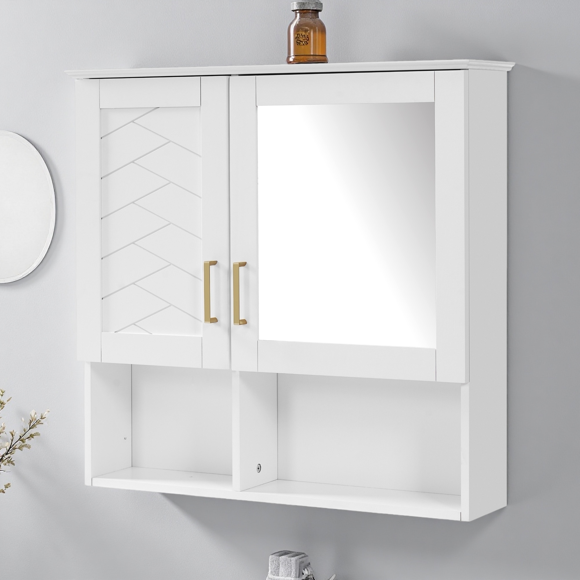30-Inch Wall-Mounted 2-in-1 Bathroom Mirror Cabinet with Adjustable Shelves & Soft Close Doors, Premium MDF & Rubber Wood