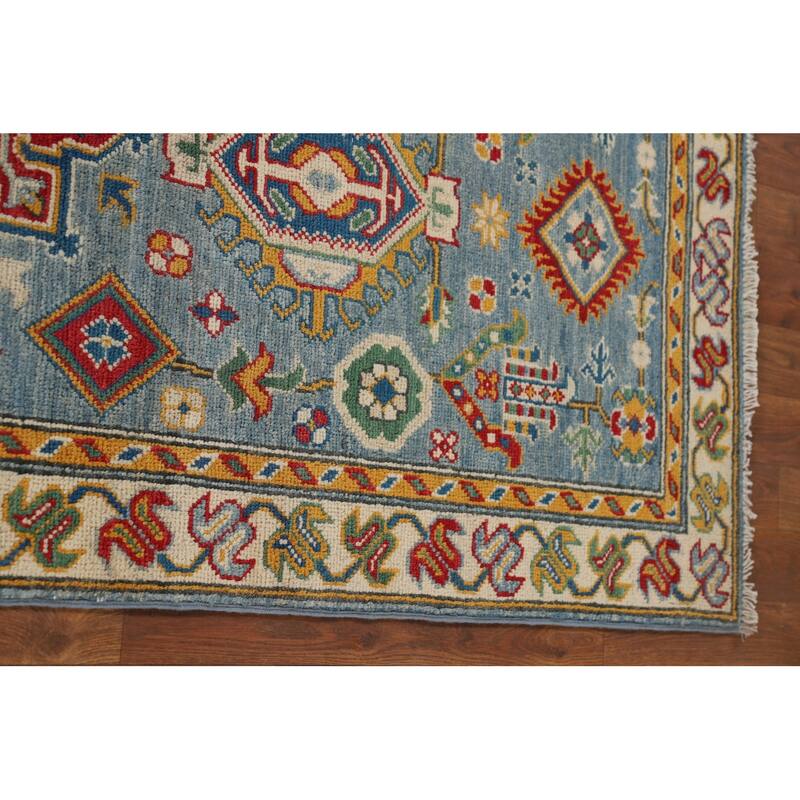 Light Blue Geometric Kazak Runner Rug Hand-Knotted Wool Carpet - 2'8" x 9'6"