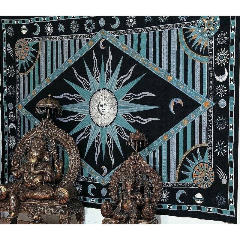 Cotton Celestial Sun Moon Star Rectangle Tablecloth Collection - 70 x 104 in - Green