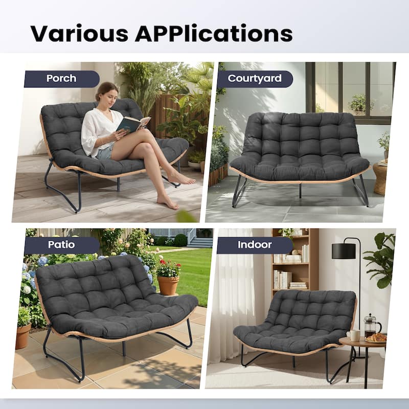 All-Weather PE Rattan Double Papasan Chair Loveseat with Soft Cushion for Indoor Outdoor
