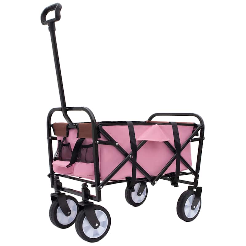 Collapsible Utility Wagon with Storage Straps - 225lb Capacity Foldable Cart, Pink