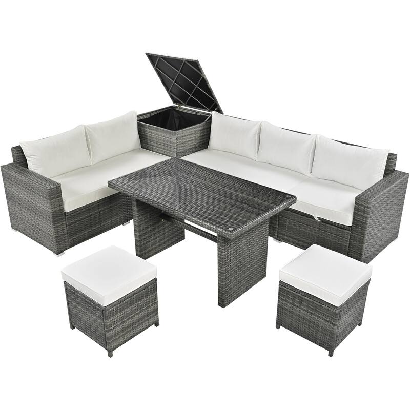 6-Piece All-Weather Outdoor PE Rattan Sofa Set - Patio Wicker Sectional with Storage Box, Removable Covers & Table