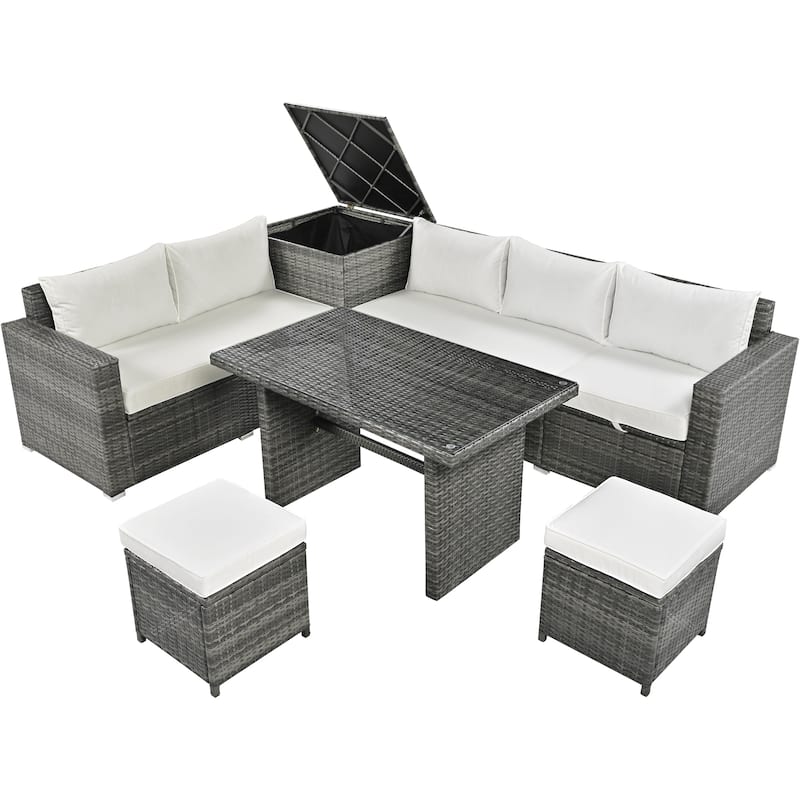 Roomfitters 6-Piece All-Weather PE Rattan Patio Sofa Set with Adjustable Seats, Storage Box and Glass Top Table