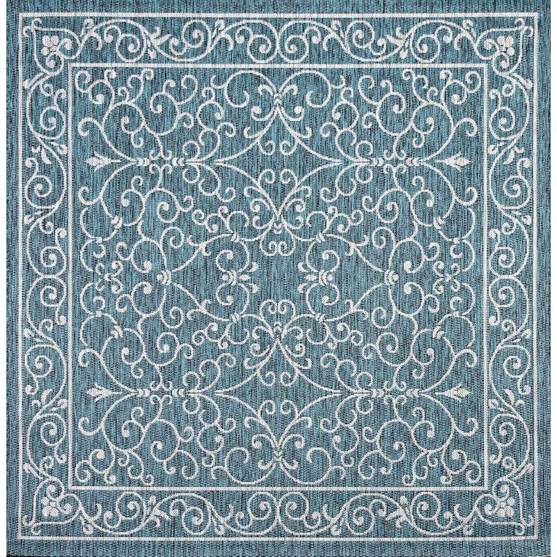 JONATHAN Y Filigree Textured Weave Indoor/Outdoor Area Rug - 5' Square - Teal/Gray