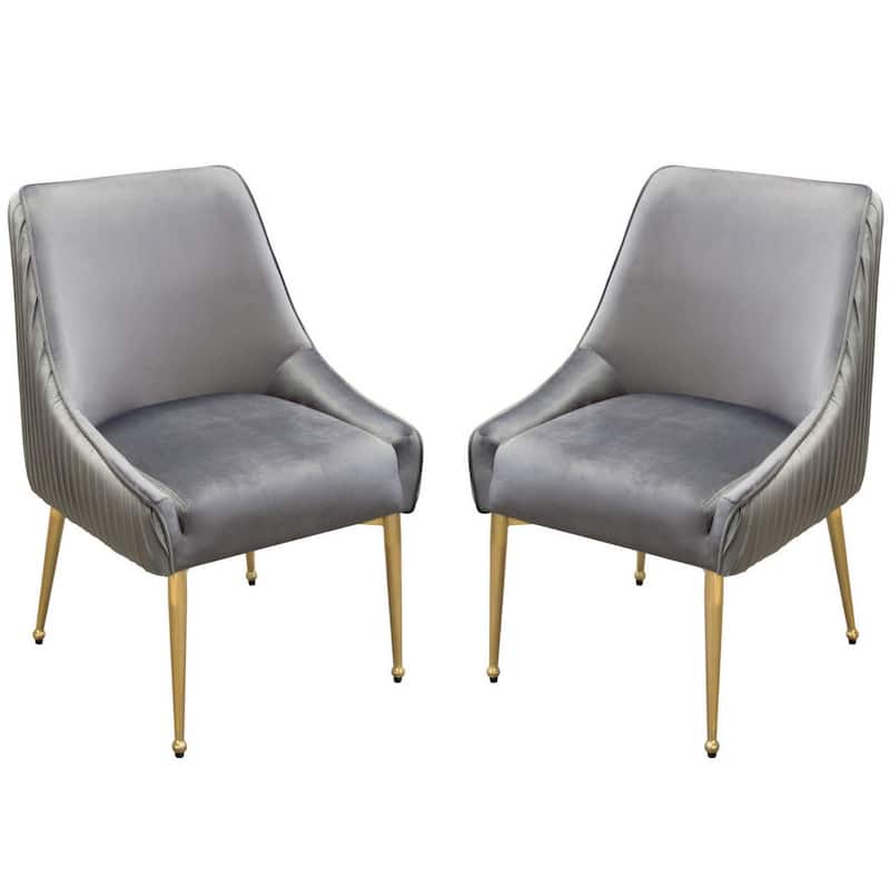 24 Inch Pleated Dining Side Chair, Set of 2, Smooth Gray Velvet Upholstery