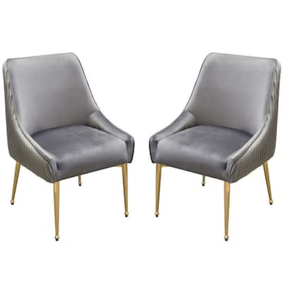 24 Inch Pleated Dining Side Chair, Set of 2, Smooth Gray Velvet Upholstery