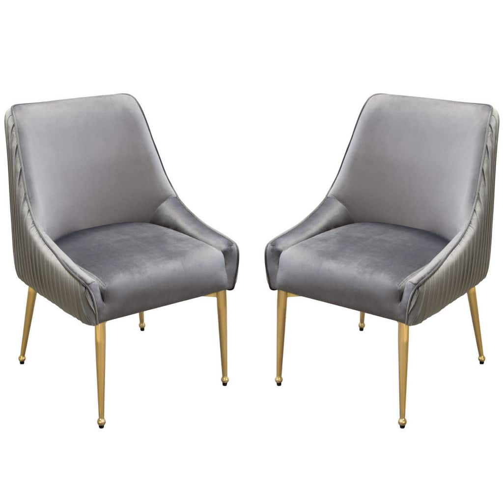 24 Inch Pleated Dining Side Chair, Set of 2, Smooth Gray Velvet Upholstery