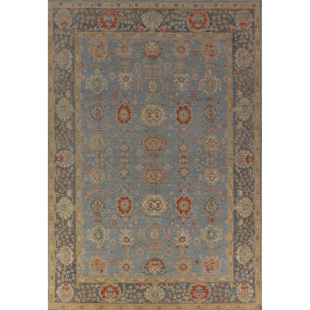 Hand Knotted Oriental 100% Wool Carpet Transitional All-Over Navy Blue & Blues Oushak Area Rug - 12' 0'' X 8' 10''