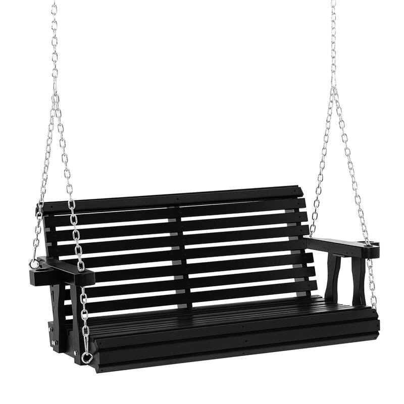 Outsunny 2-Person Outdoor Porch Swing Bench with 2 Built-In Cup Holders, Slatted Design, & Chains Included