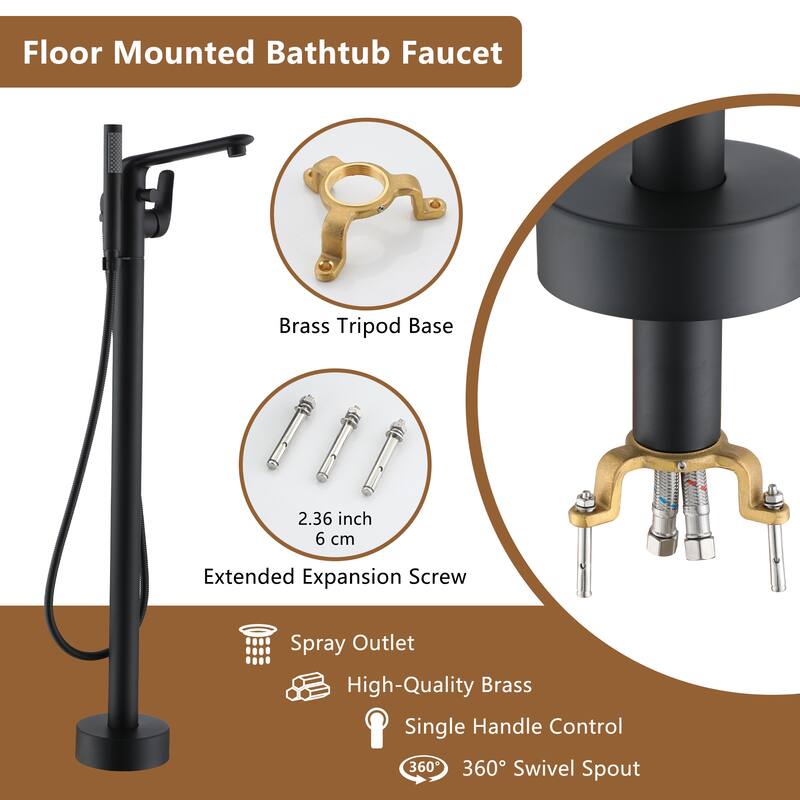 Bathtub Faucet Floor Mounted Free Standing Tub Filler W/Handheld