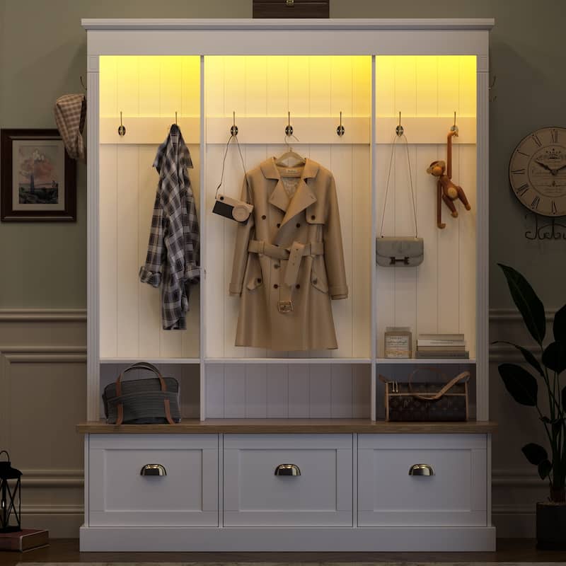 Hall Tree Hallway Storage Bench with Shoe Cubbies and Coat Rack with Hooks - White-K1