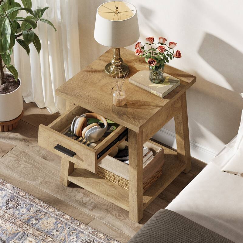 Rustic Nightstand with Drawer and Open Shelf