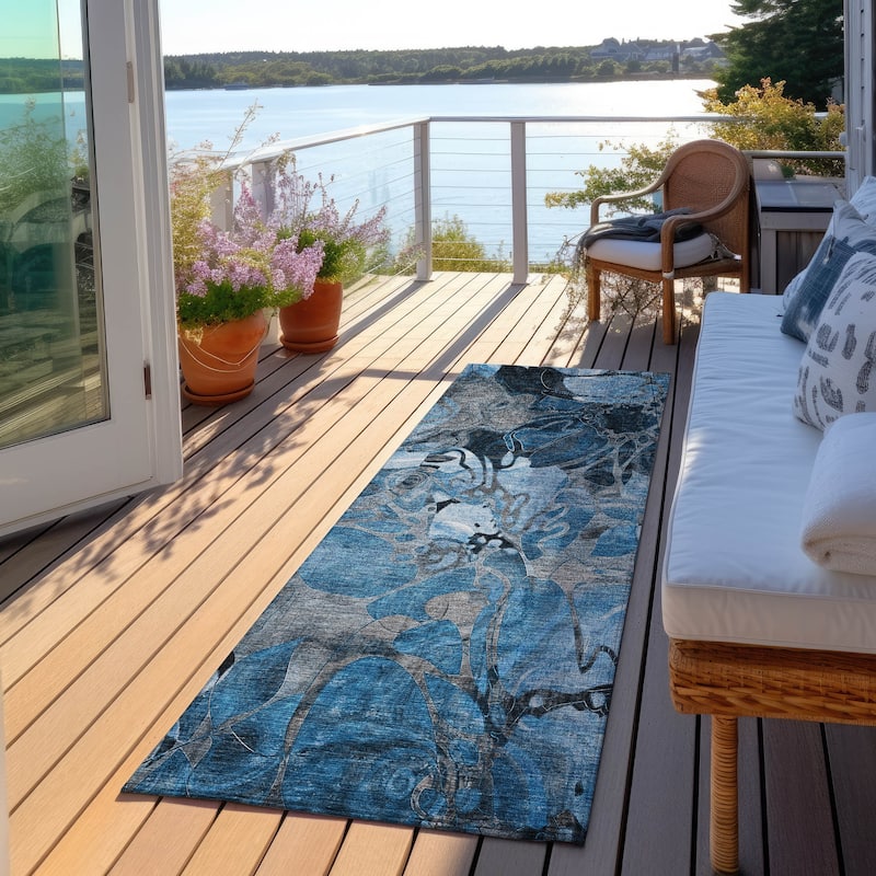 Machine Washable Indoor/ Outdoor Modern Floral Chantille Rug - 2'3" x 7'6" - Blue