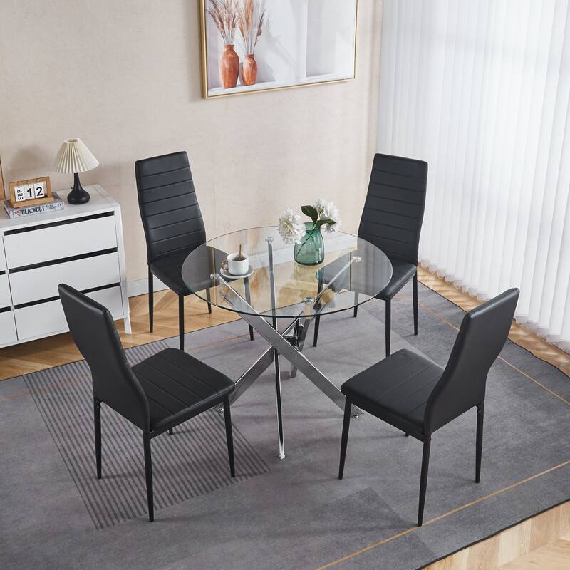 Dining Table with cross metal leg and tempered glass,Modern Space Saving Kitchen Table for Living Room,chrome legs - Chrome