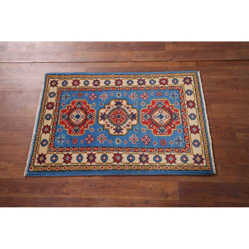 Blue Geometric Kazak Foyer Rug Hand-Knotted Wool Carpet - 2'0" x 2'11"