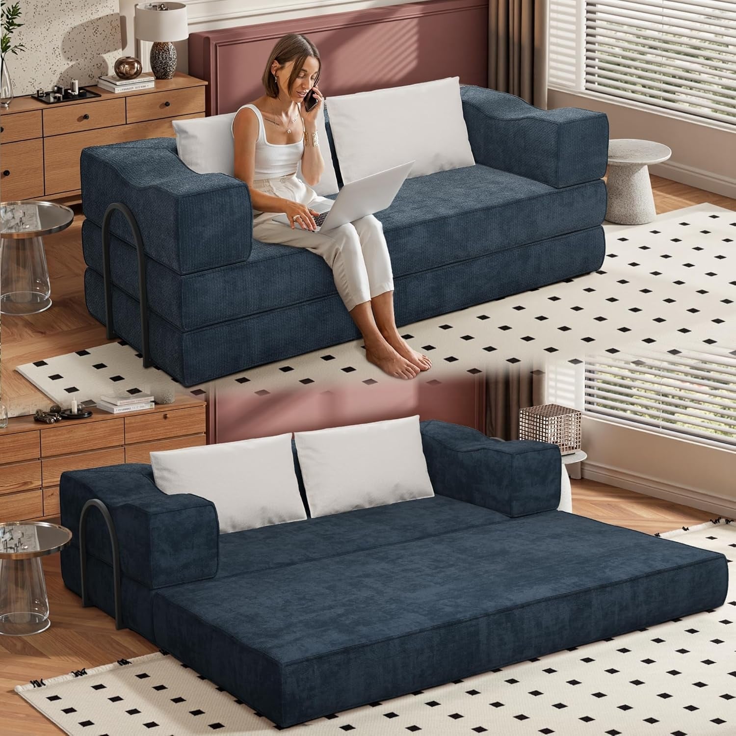 Convertible Sofa Bed, King Size Foldable Futon with Memory Foam & 2 Pillows, Chenille Modular Loveseat for Small Spaces (Blue)