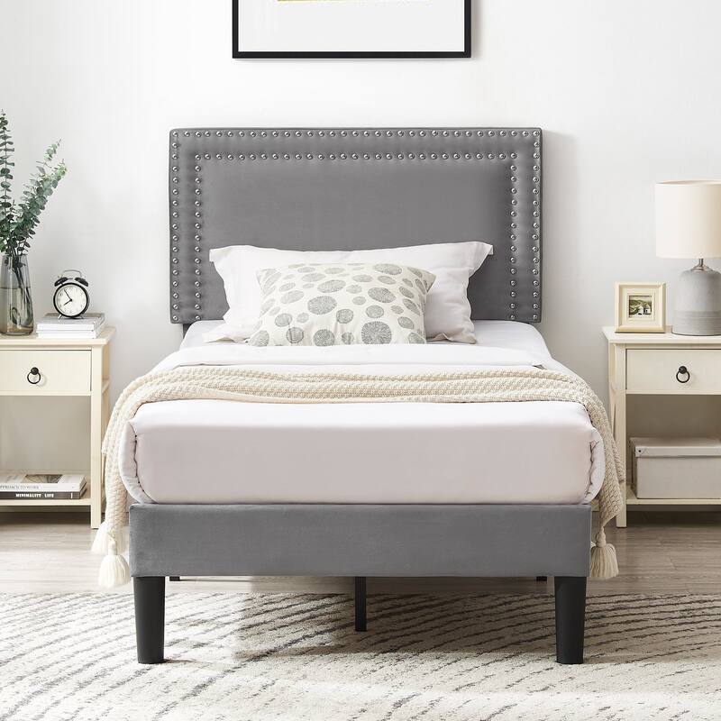 Upholstered Platform Bed Frame with Adjustable Headboard, Velvet Nailhead Trim, No Box Spring Needed
