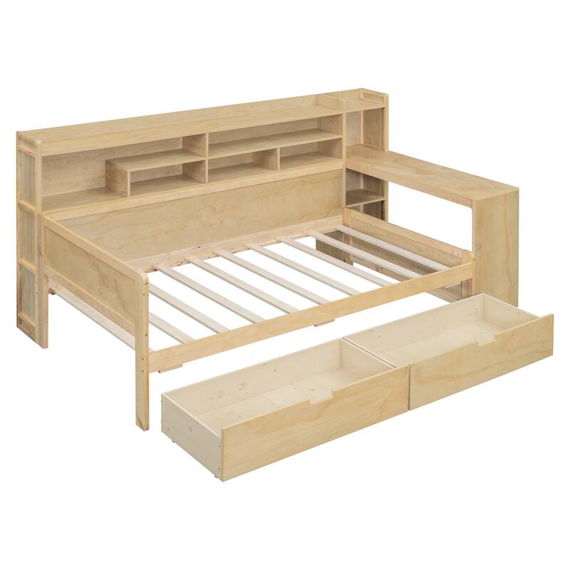 Wooden Daybed with Storage Shelves, Multi-functional Bed with Two Storage Drawers and Study Desk