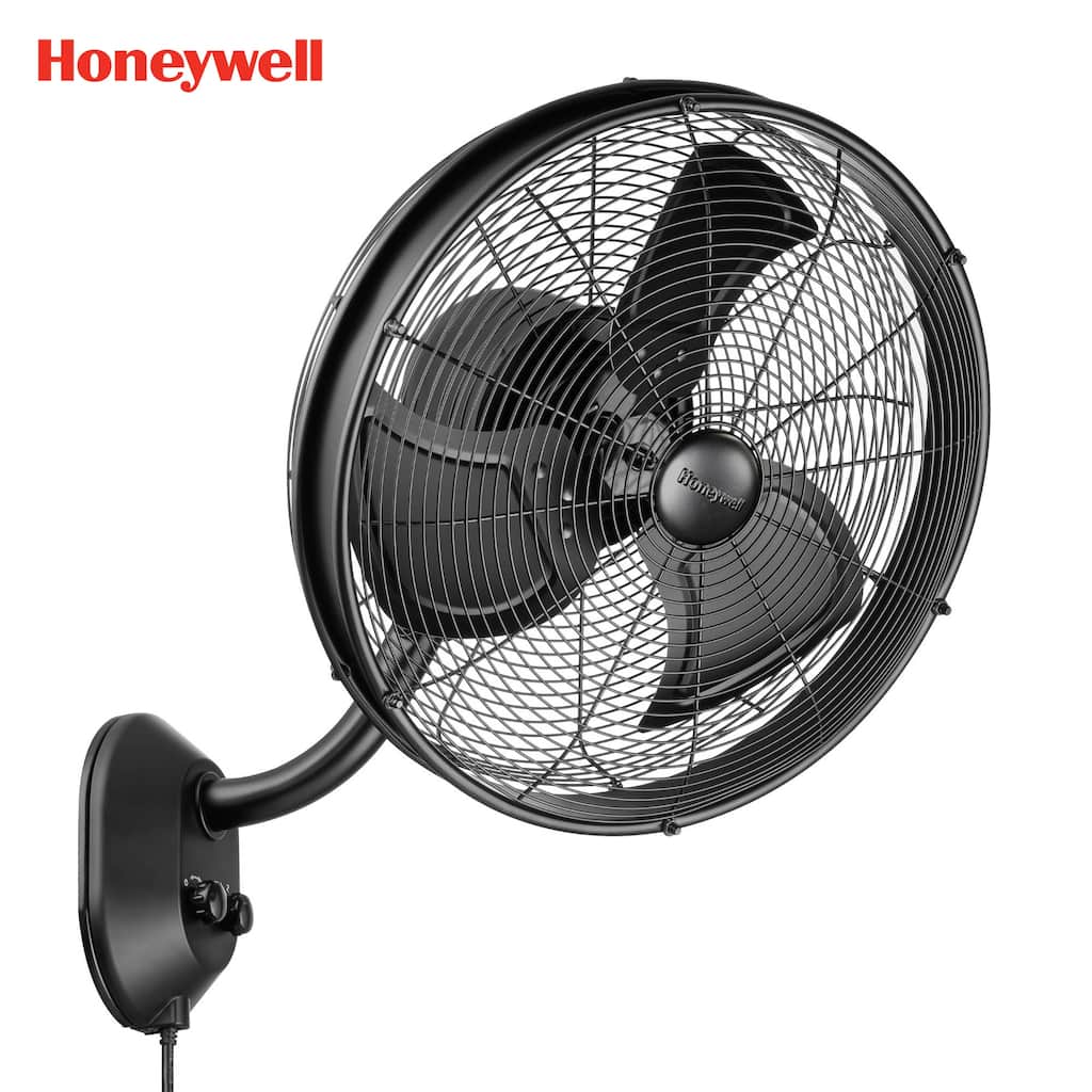 18" Honeywell Matte Black Outdoor Oscillating Wall Fan, Wet Rated, 3-Speed AC Motor
