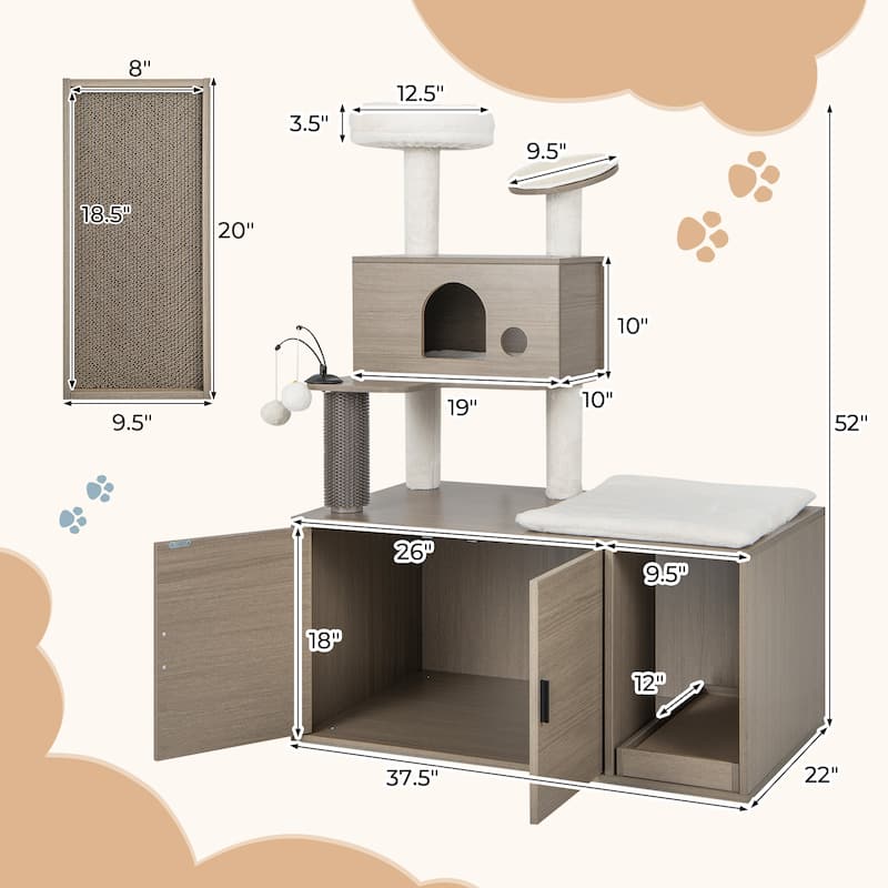 Cat Tree with Litter Box Enclosure for Indoor Cars-Gray