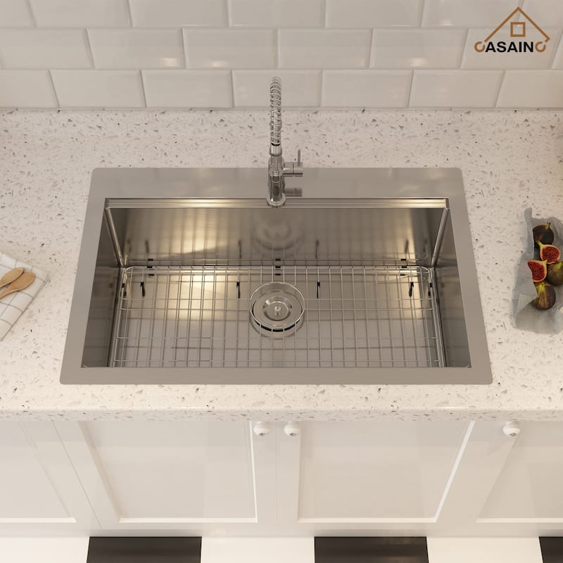 33 in. Drop-In Single Bowl 18 Gauge Brushed Stainless Steel Workstation Topmount Kitchen Sink with Sliding-Accessories