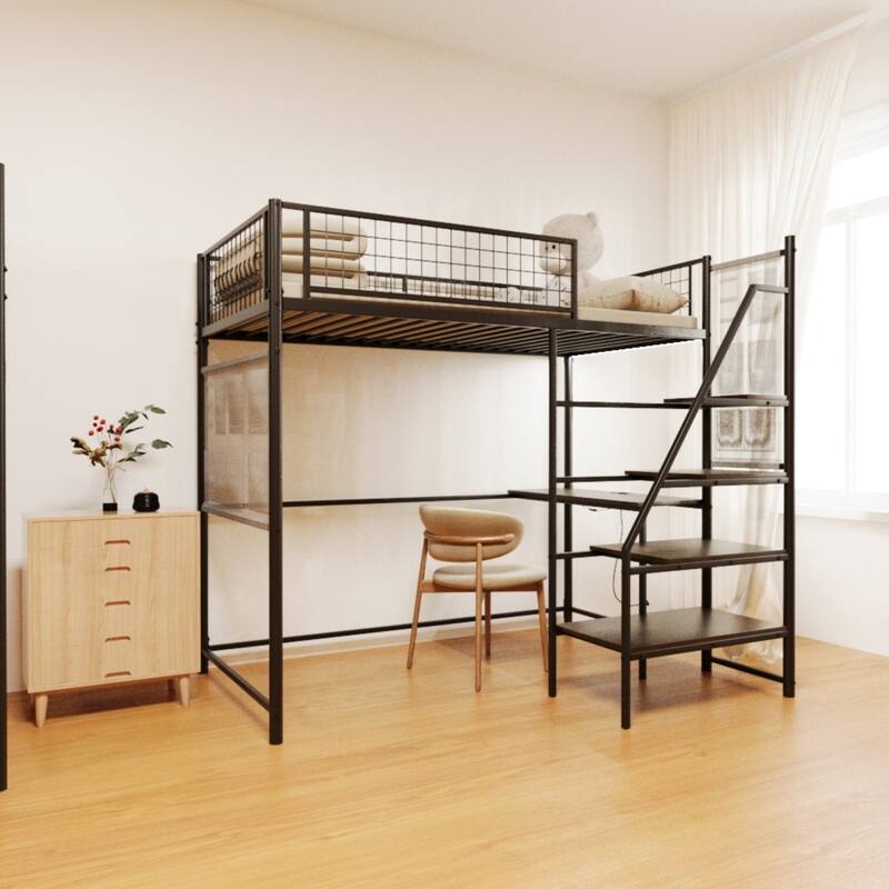 70'' Twin Metal Loft Bed with Built-in LED Lights and Charging Station