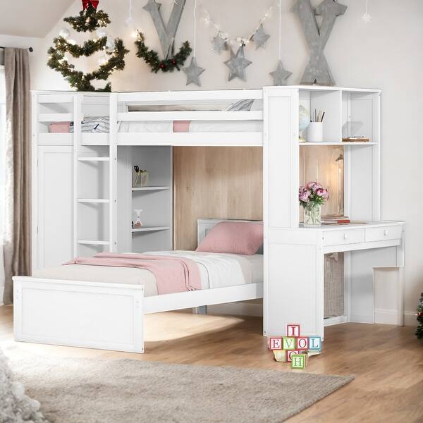 slide 2 of 59, Contemporary Twin size Loft Bed with a Stand-alone bed, Shelves, Desk and Wardrobe, Health and Comfort, Maximized Space, White White