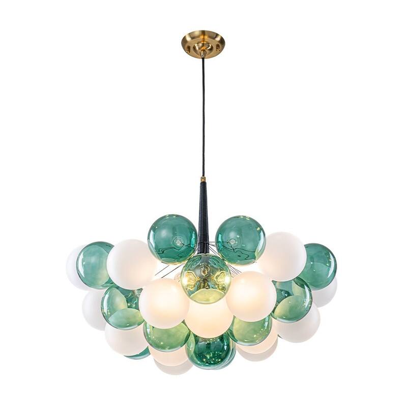 French 5-Light White Green Bubble Cluster Glass Globe Chandelier - 25.6 Inches
