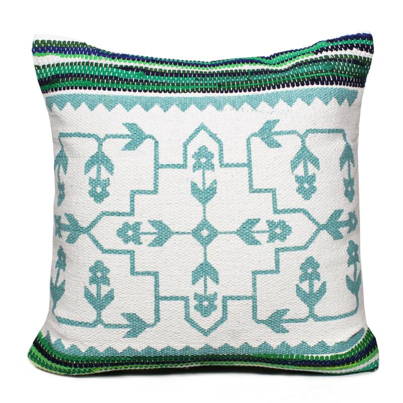 Handwoven Floral Mosaic Square Throw Pillow - 20" - Green and White