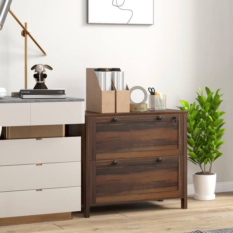 Anmytek 2-Drawer Lateral File Cabinet with Lock and Hanging Rails Dark Walnut Rustic Office Credenza