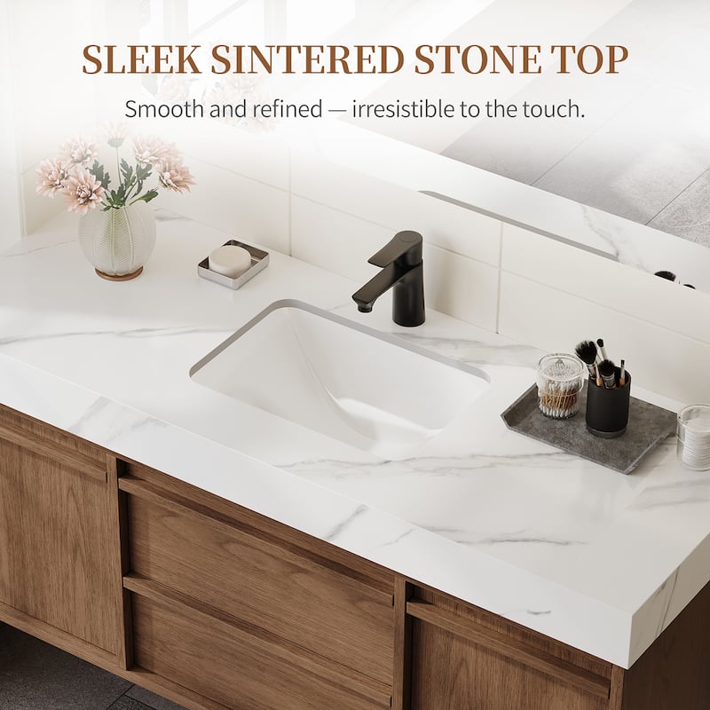 48"Mid Century Modern Wall-Mounted Bathroom Vanities,Single Sink,Brown Wood Texture with Sintered Stone Table top