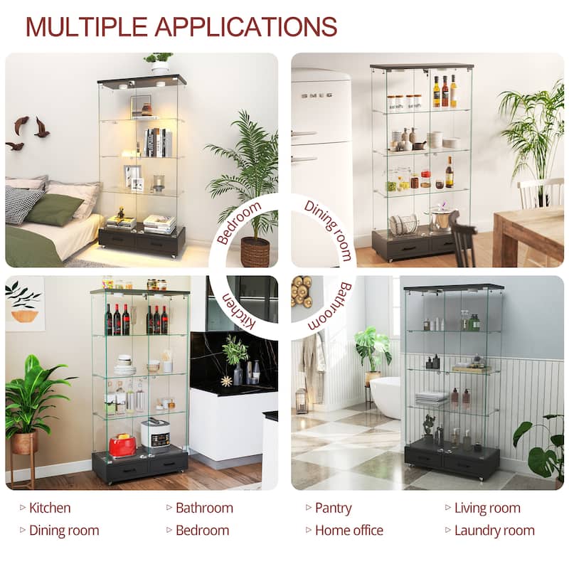 65.9" Modern Glass Display Cabinet with LED Lights, 2 Lockable Drawers & 4 Shelves, Curio Storage Case