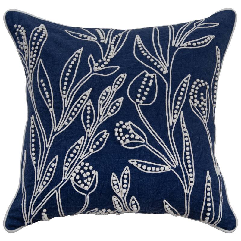 Rizzy Home Botanical Embroidered Throw Pillow - Polyester - Blue/Natural