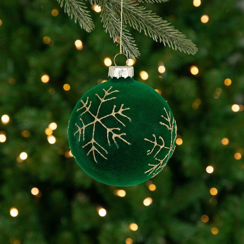 4ct Green Flocked Glass Ball Christmas Ornaments Gold Snowflakes 3"