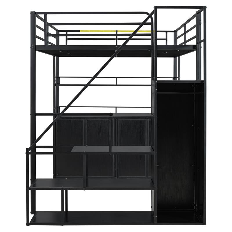 Metal Loft Bed with Storage Staircase and Wardrobe,Shelves and Lockers