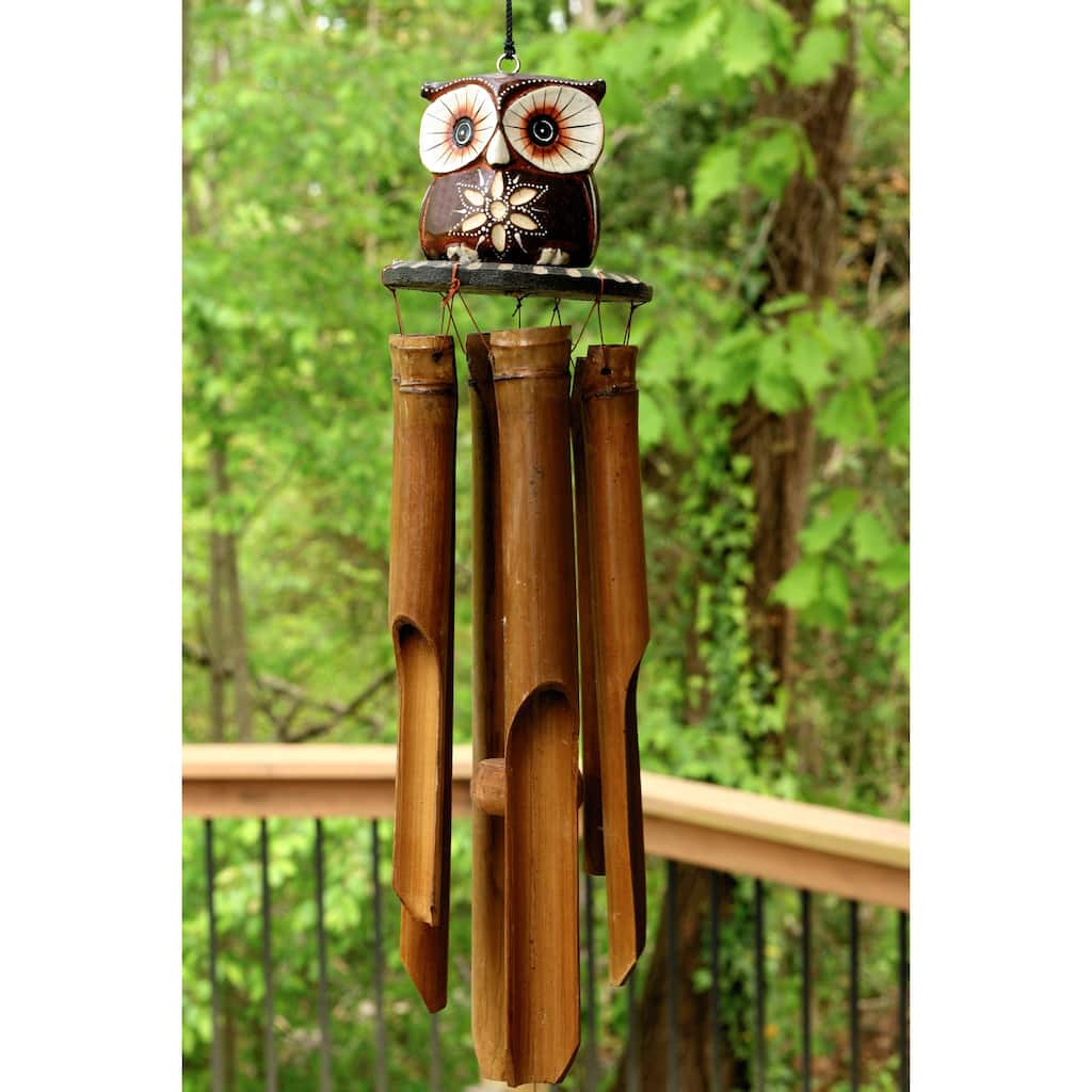 Handmade Wooden Mini Owl Bamboo Wind Chime Wood Statue Figurine Hoot Sculpture Art Decorative Rustic Patio Garden Outdoor Decor